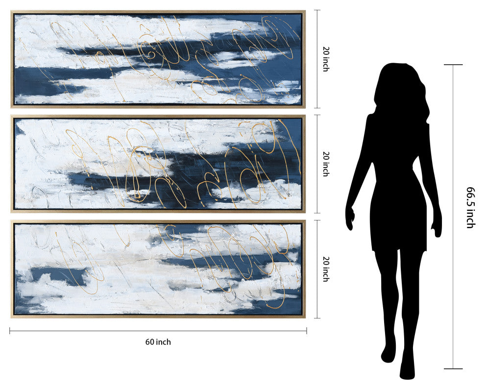 Blue Abstract Triptych Set Textured Metallic Hand Painted Wall Art