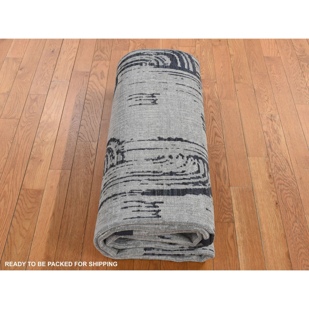 Cloud Gray THE CANE Pure Silk With Textured Wool Hand Knotted Rug 6'x9'