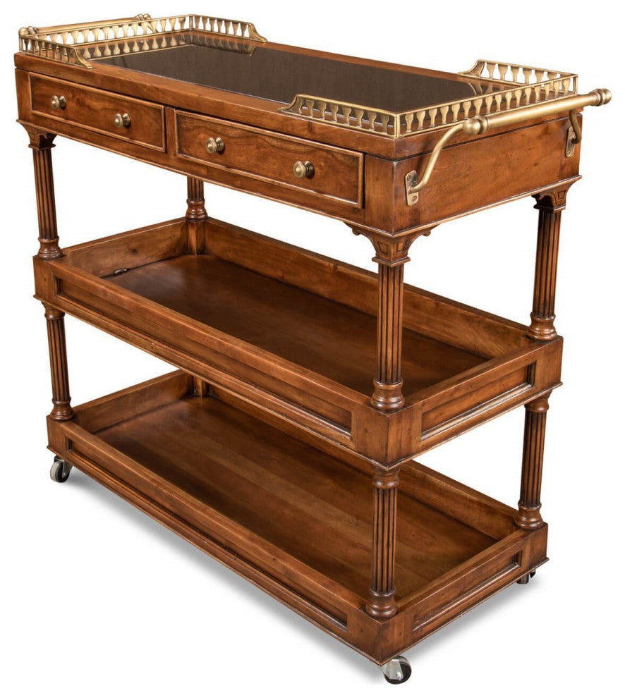 Traditional Style Walnut Rolling Bar Cart