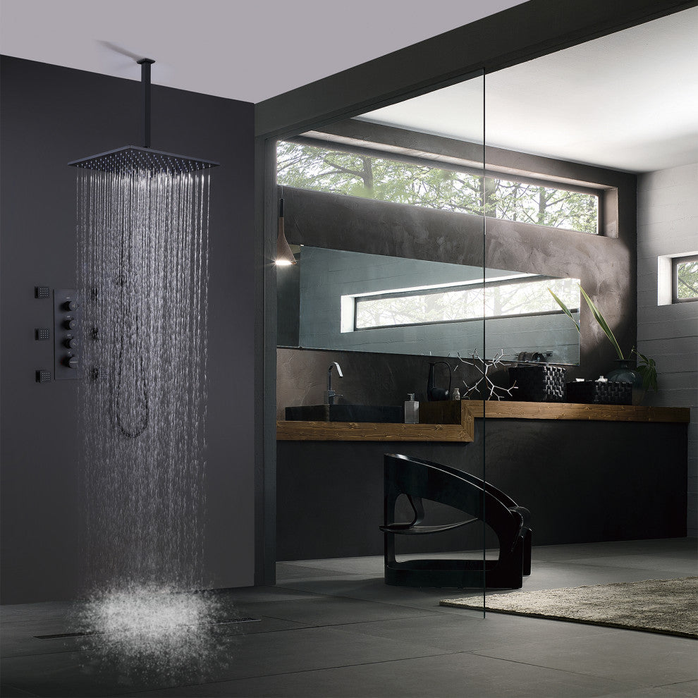 Luxury Thermostatic Shower System with 6 Body Jets & Handheld Shower, Matte Black