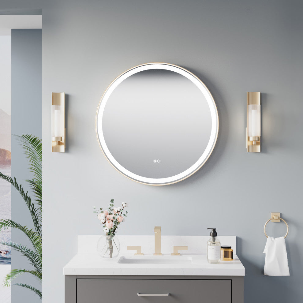 Round LED Bathroom Vanity Mirror, Defogger and Dimmer, ETL-listed, 28"x28", Brushed Gold