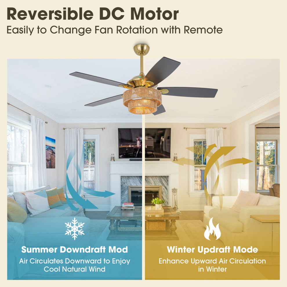 52 in Farmhouse Brushed Gold Ceiling fan with Hemp Rope Shade