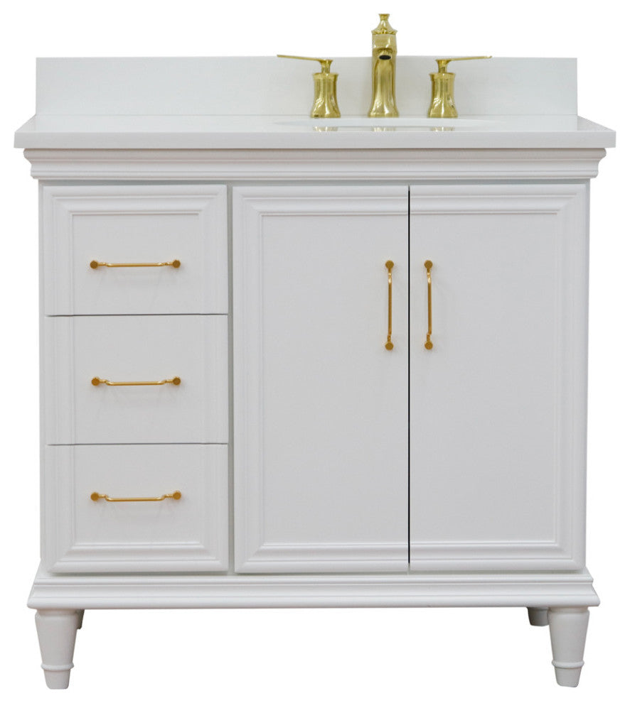 37" Single Vanity, White Finish With White Engineered Stone Top