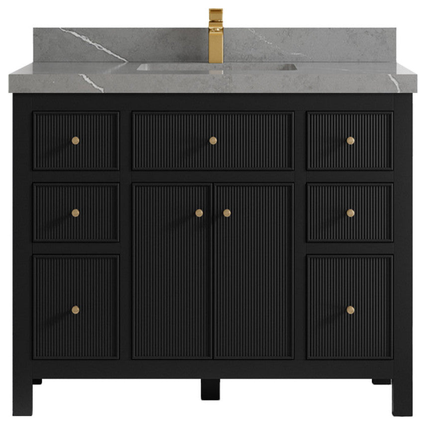 Sonoma 42 Single Sink Reeded Bath Vanity in Black 2" Piatra Gray