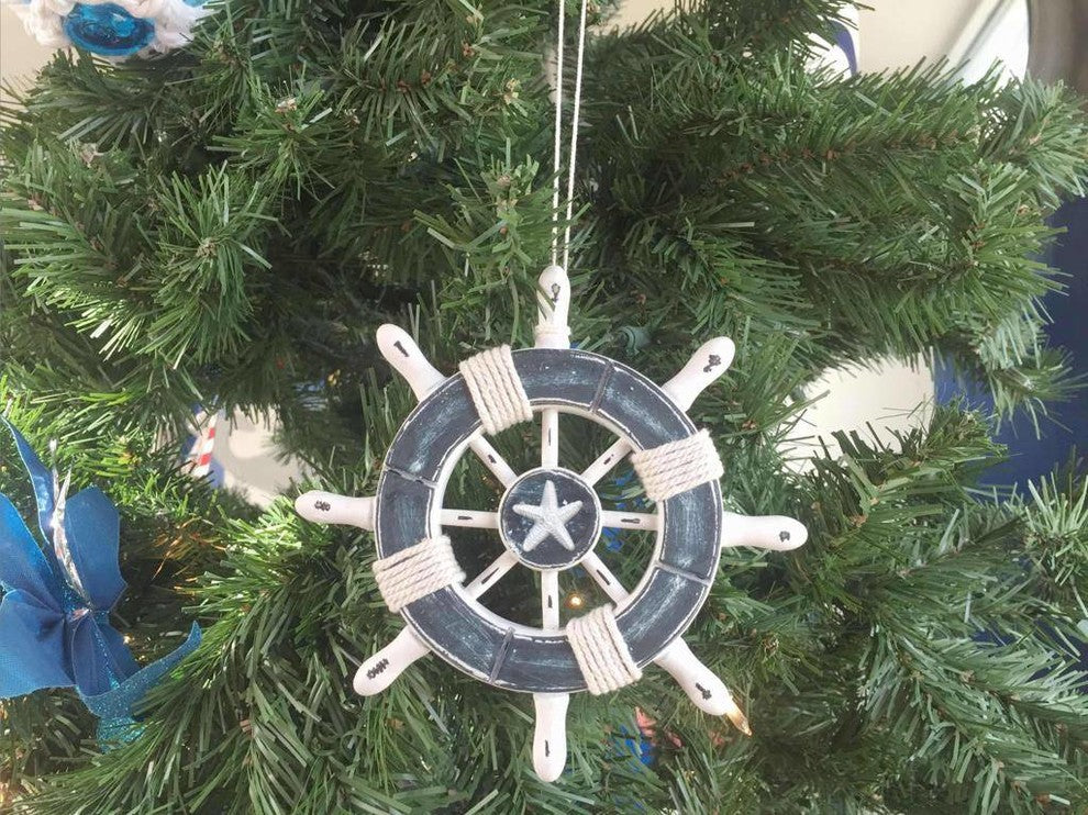 Rustic Dark Blue and White Decorative Ship Wheel With Starfish Christmas Tree