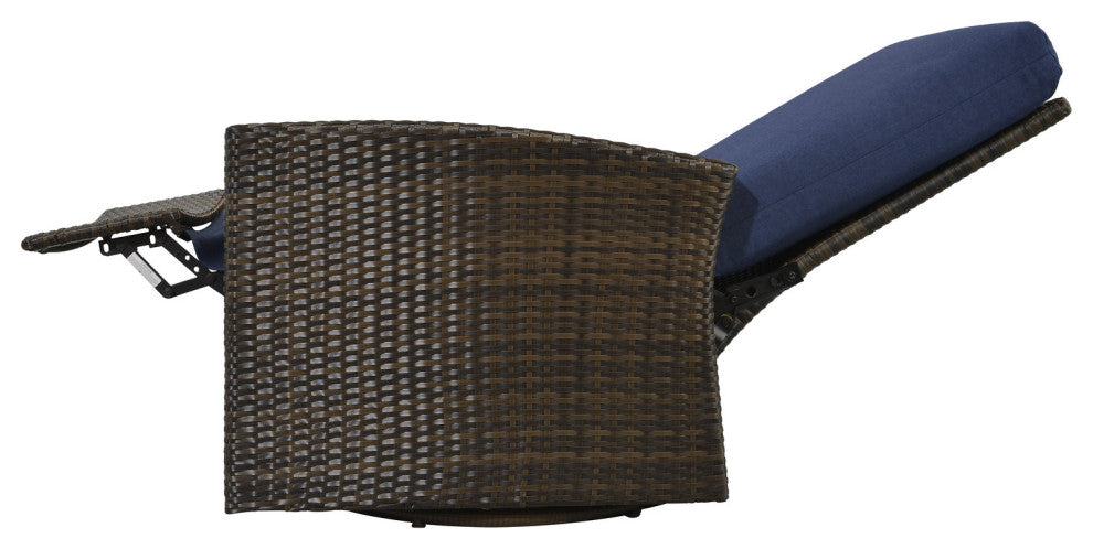 Del Mar Wicker Swivel Recliner, Brown and Navy with Sunbrella