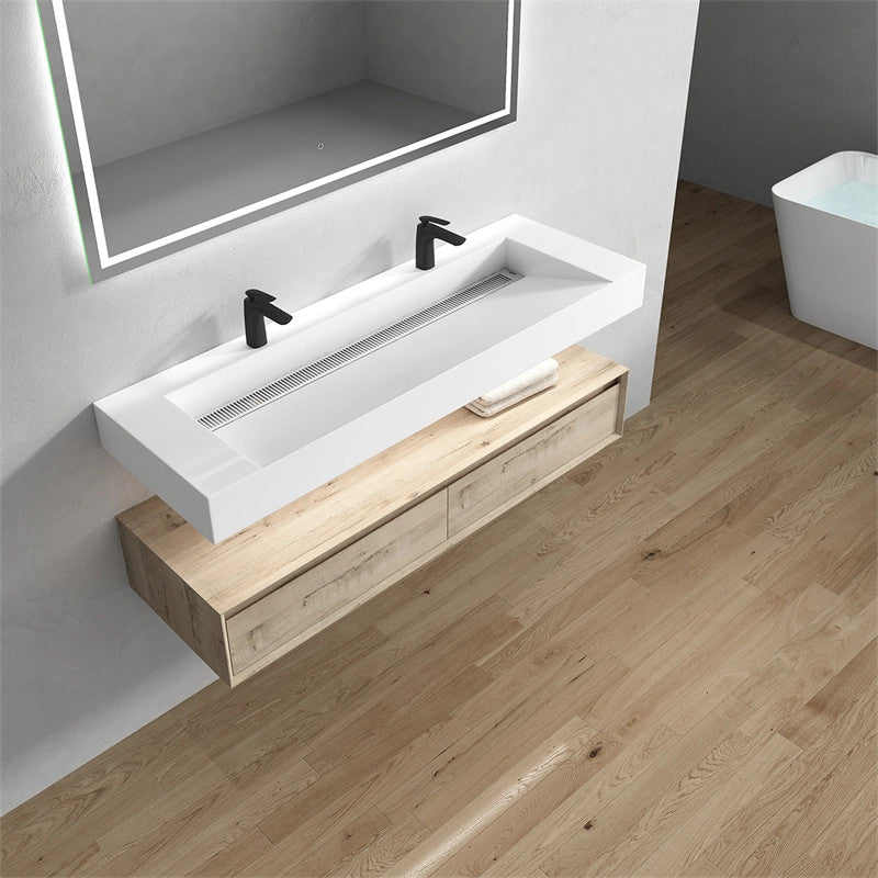 Alysa 60'' Floating Vanity, Acrylic Sink, Double Faucet Hole, Light White Oak