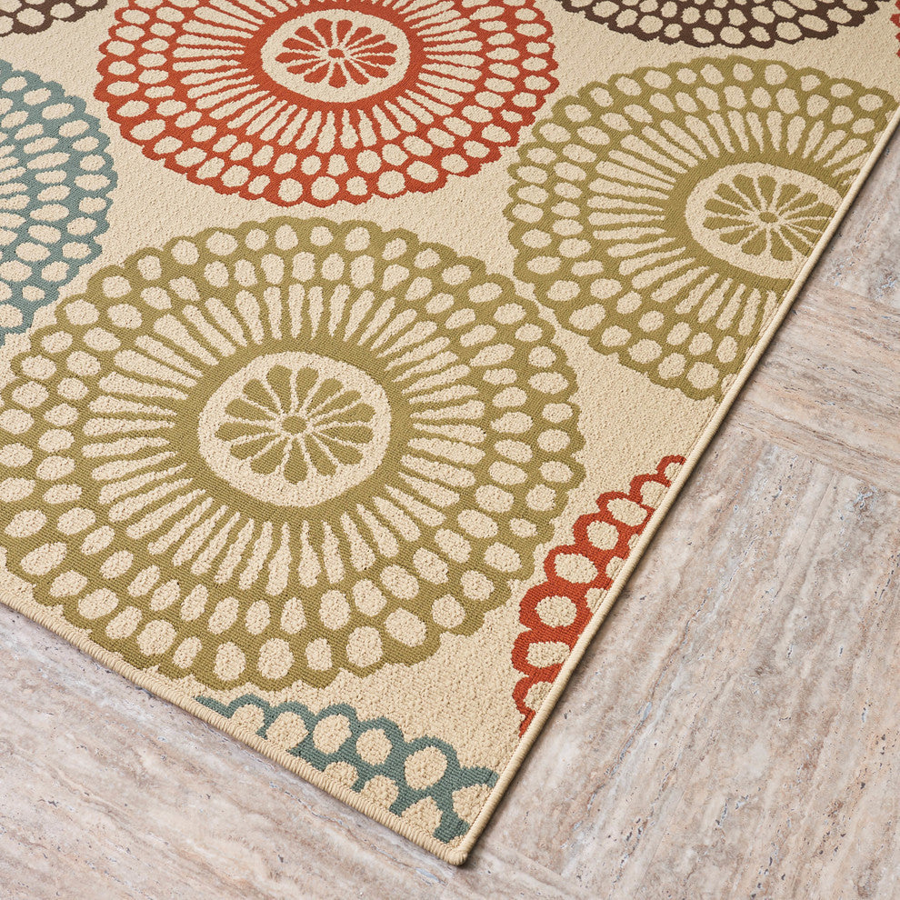 GDF Studio Dahlia Outdoor Floral  Area Rug, Beige and Multicolored, 5'x8'