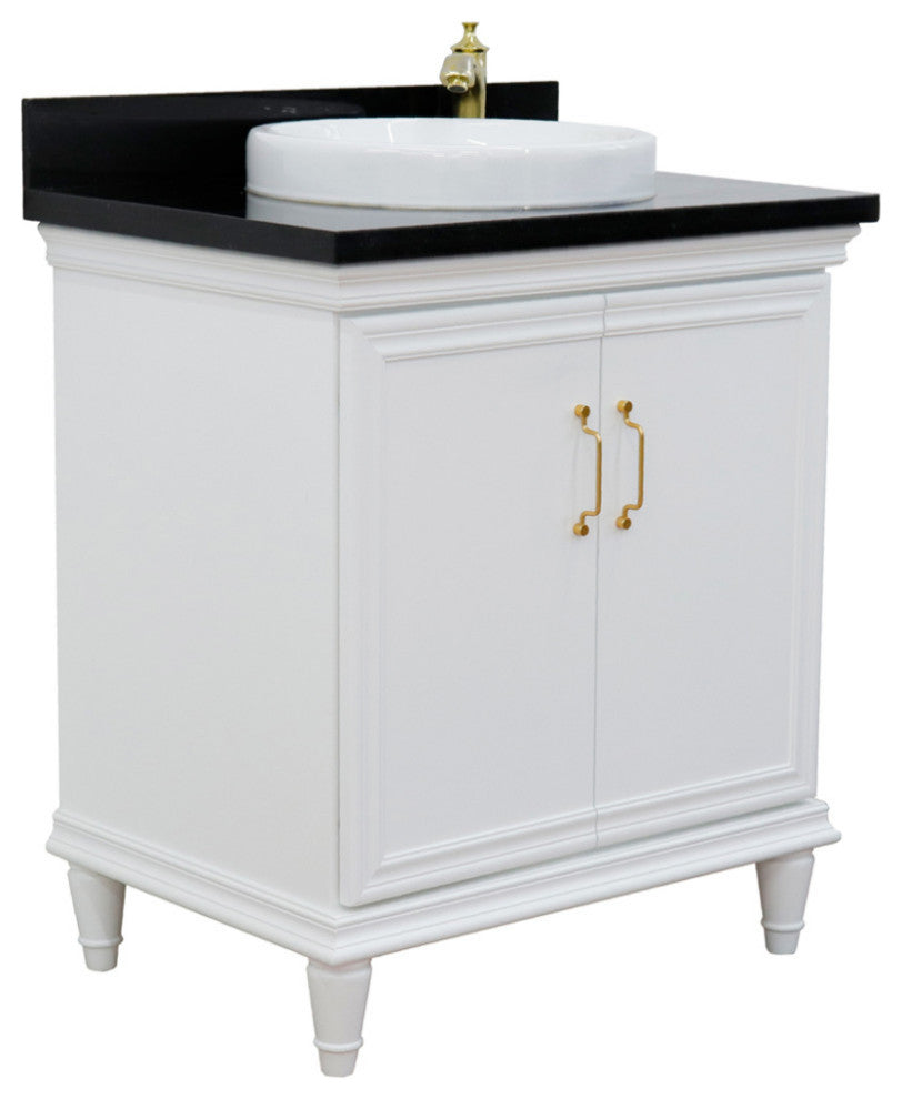 31" Single Vanity, White Finish With Black Galaxy And Round Sink
