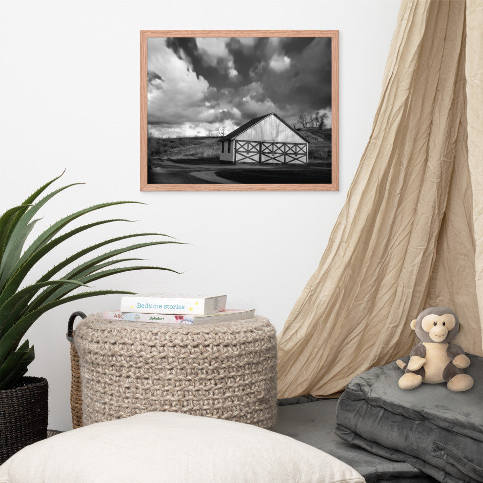 Aging Barn Morning Sun in Black and White Framed Photo Paper Wall Art Prints, Red Oak, 16" X 20"
