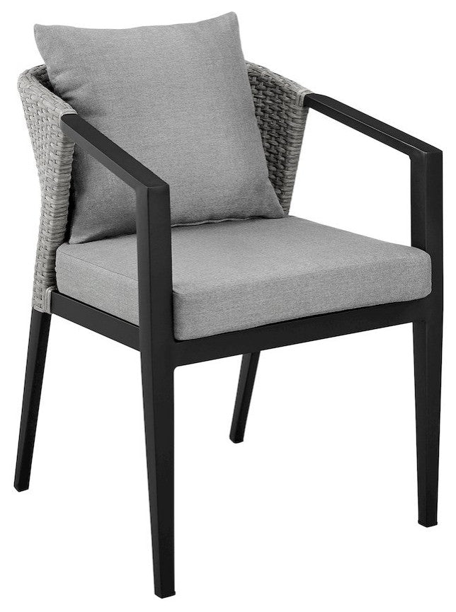 Outdoor Patio Dining Chairs in Aluminum and Wicker with Gray Cushions - Set of 2