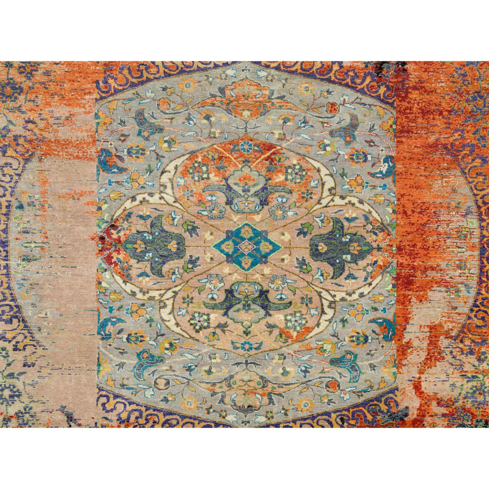 Orange Wool Hand Knotted Ancient Ottoman Erased Design Square Rug 12'1"x12'1"