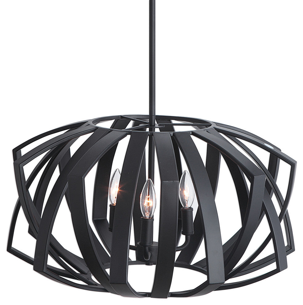Mid Century Modern Woven Black Metal Cage Pendant, 3 Light Chandelier Round