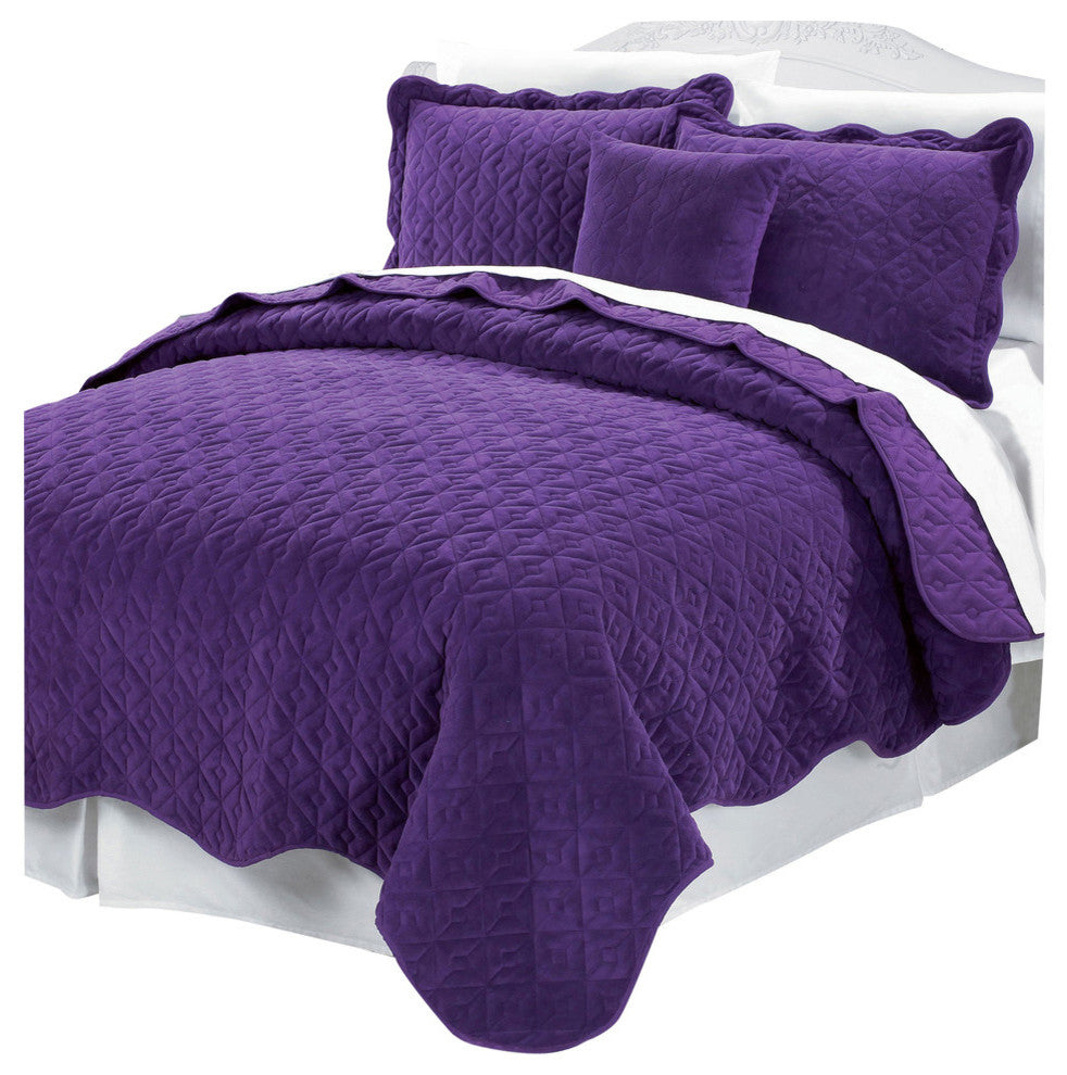 Diamond Square Quilted Coverlet 4-Piece Bedspread Set, Purple, King
