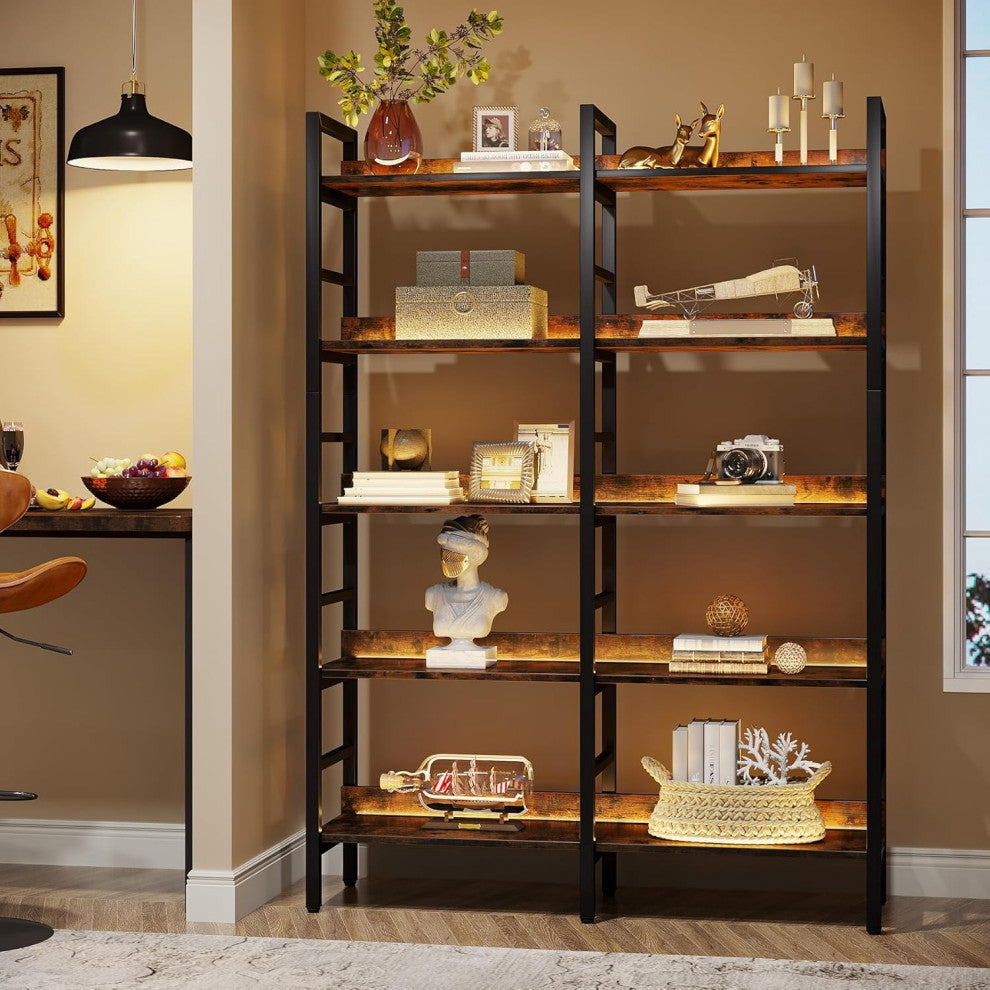 Tribesigns 5-Tier Industrial Bookshelf,Etagere Bookcase, Double Wide Book Shelf, Brown and Black