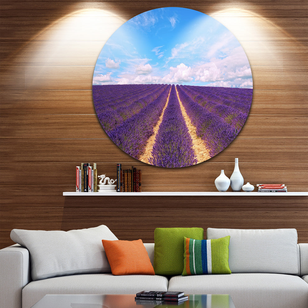 Blooming Lavender Flower Field, Landscape Large Disc Metal Artwork, 11"