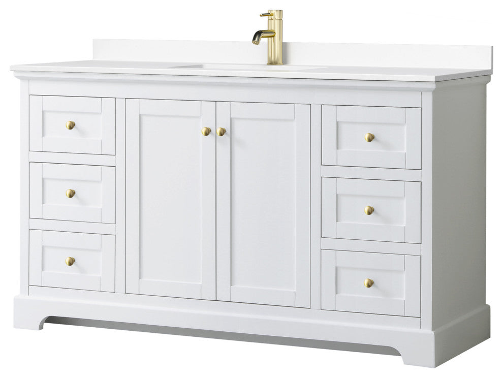 60" Single Bath Vanity, White, White Cult. Marble Countertop, Sink, Gold Trim