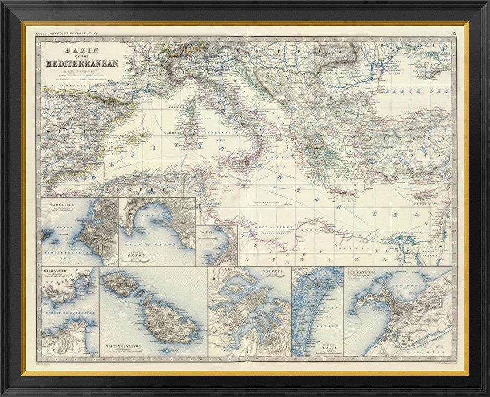 "Mediterranean Basin, 1861"  by Alexander Keith Johnston, 40x33"
