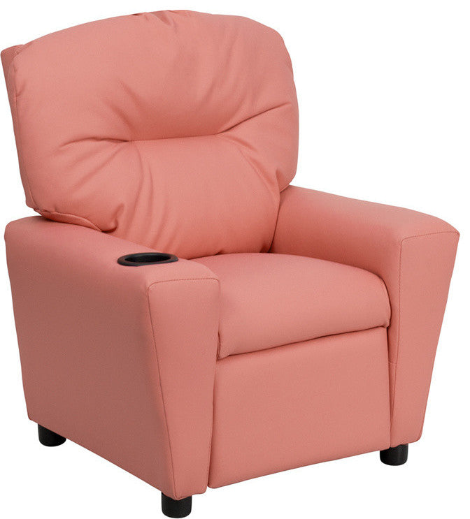 Contemporary Pink Vinyl Kids Recliner With Cup Holder