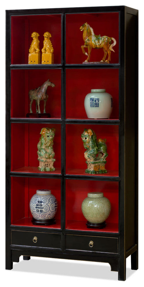 Distressed Black and Red Elmwood Zen Asian Bookcase