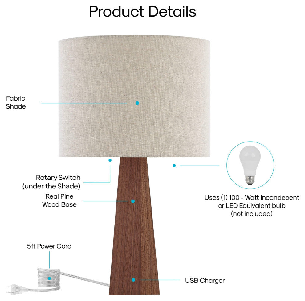Inspired Home Iona Table Lamp, USB Charger, Beige