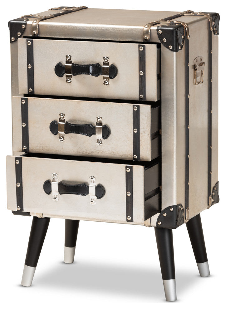 Silven Antique Silver Metal Trunk Inspired 3-Drawer Nightstand