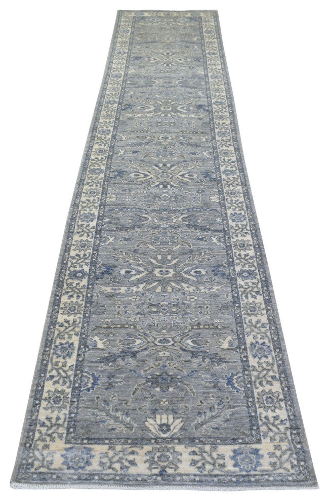 Gray Afghan Wool Natural Dyes Hand Knotted Fine Peshawar Runner Rug 2'7"x13'1"