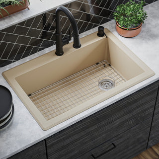 Karran Drop-In Quartz 33" 1-Hole Single Bowl Kitchen Sink Kit, Bisque