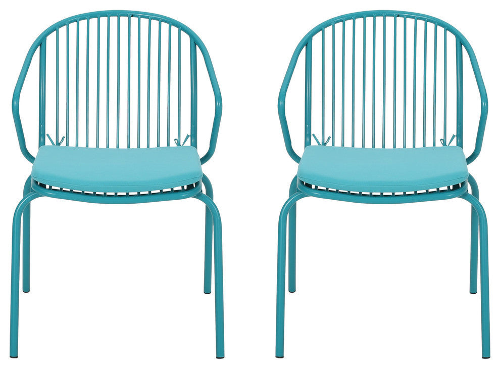 Sarah Outdoor Modern Iron Club Chair With Cushion, Set of 2, Matte Teal and Teal