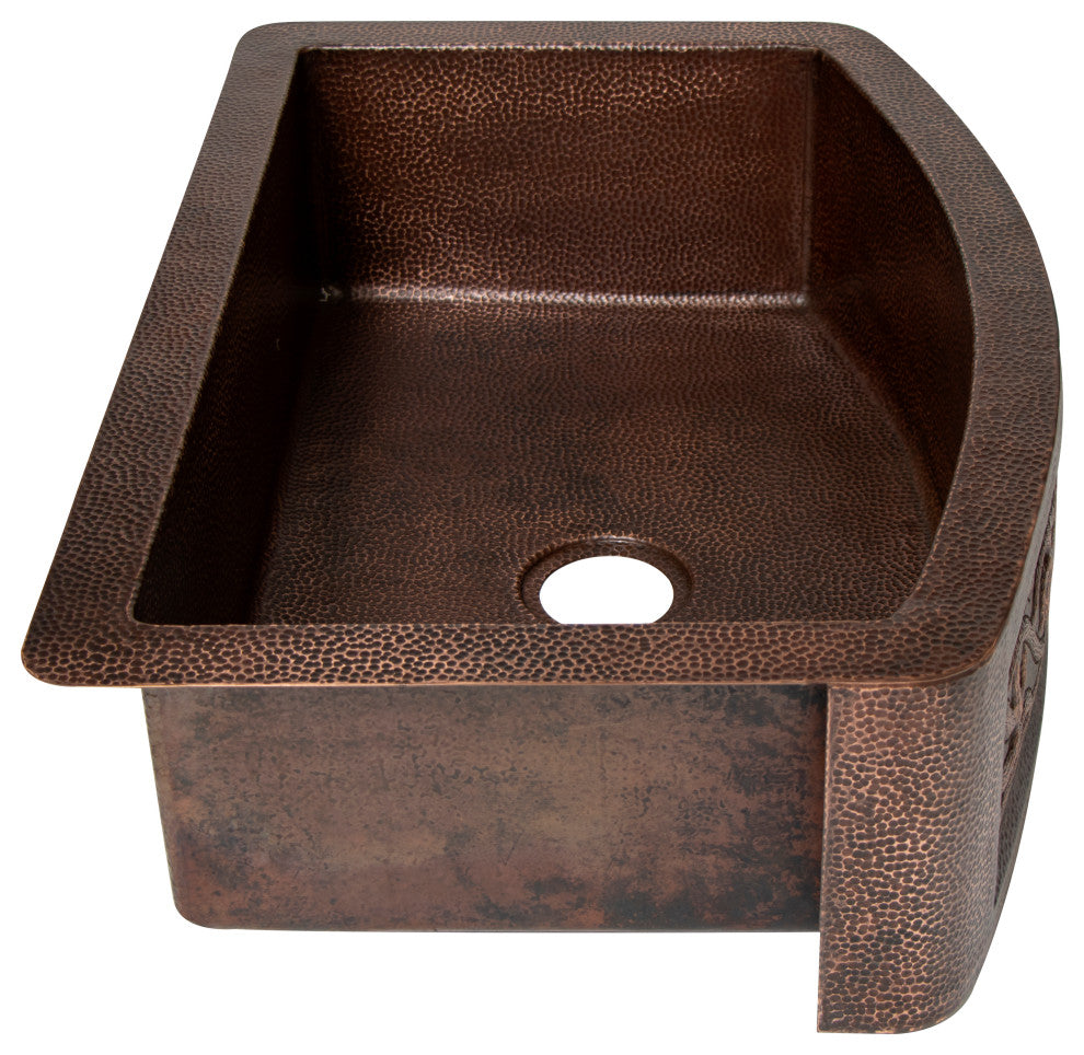 33" Farmhouse One Bowl Cactus Round Apron Hammered Copper Kitchen Sink, 16 Gauge