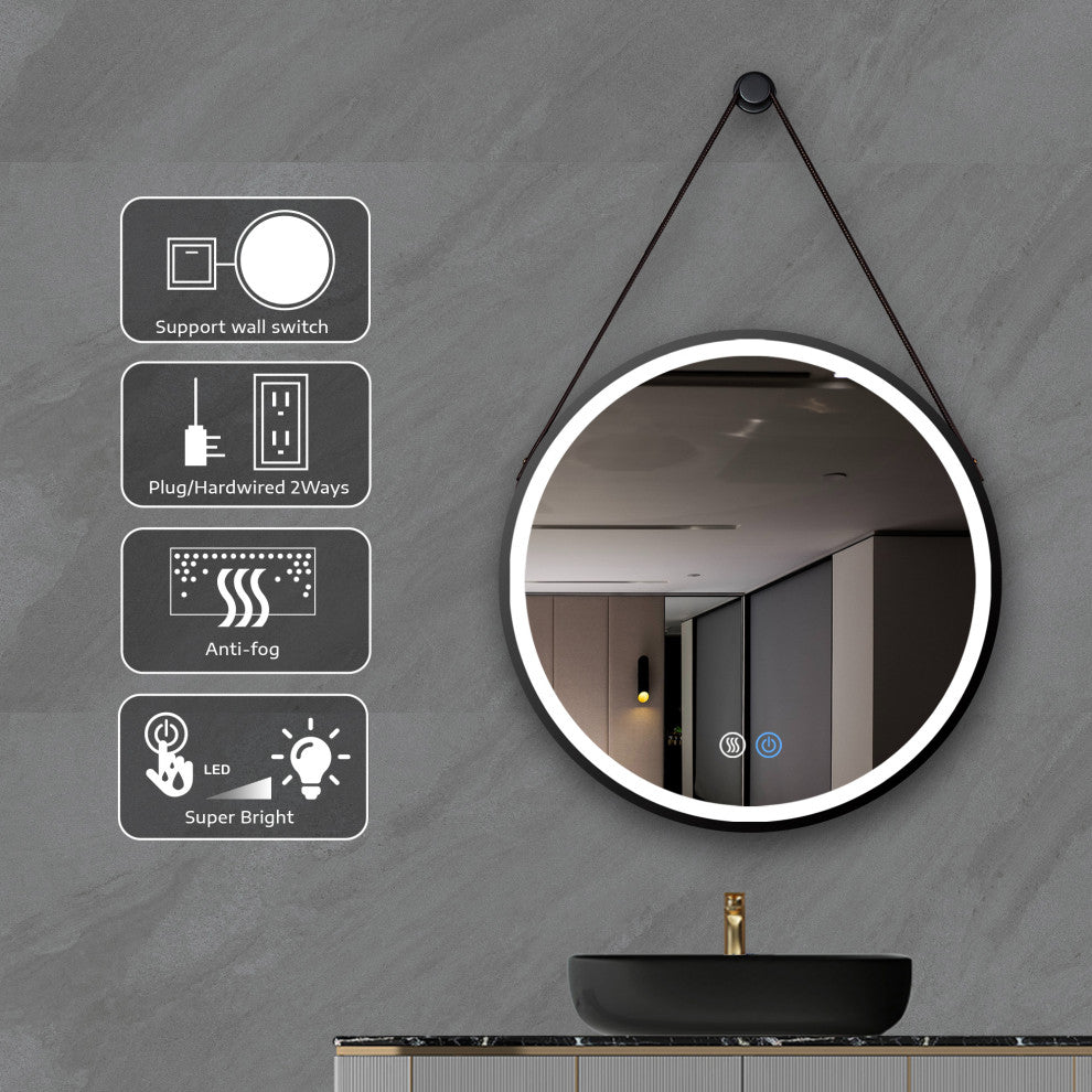 32'' Round Metal Framed Smart 3-Color Dimmable Anti-Fog LED Vanity Mirror, Black