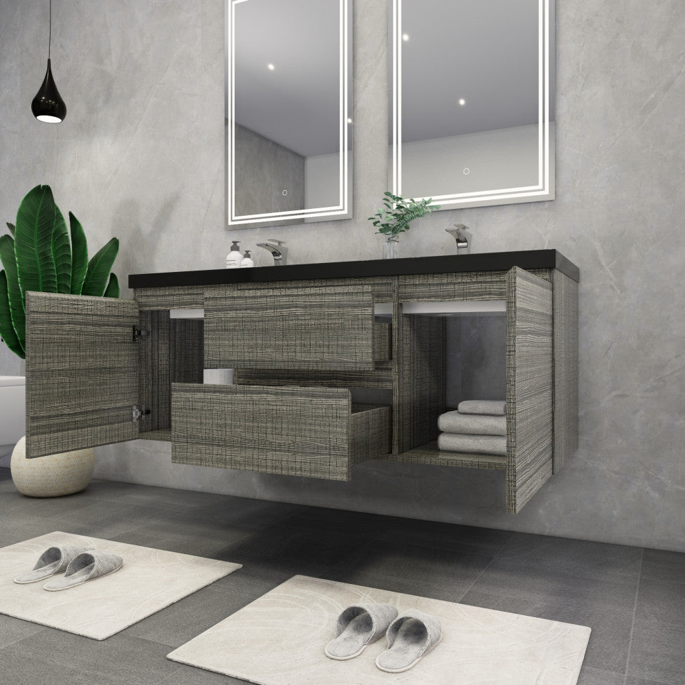 Belli 60" Double Sink Wall Mount Vanity Set, High Gloss Ash Gray, Matt Black Top