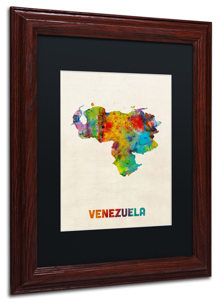 'Venezuela Watercolor Map' Matted Framed Canvas Art by Michael Tompsett