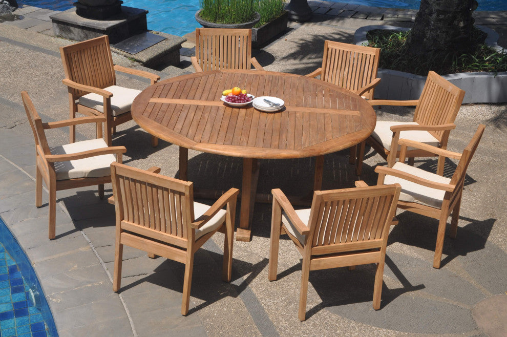9-Piece Outdoor Teak Dining Set: 72" Round Table, 8 Leveb Stacking Arm Chairs