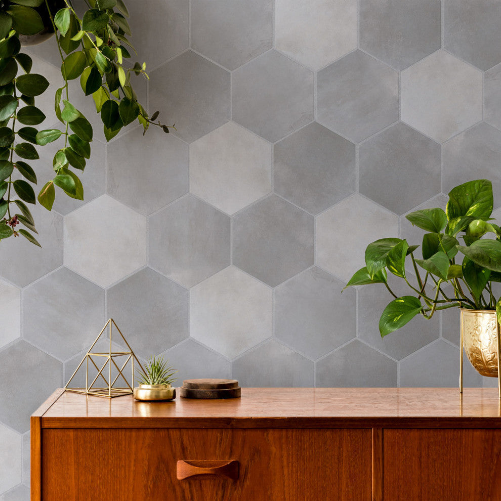 Industrial Hex Multi Mix Porcelain Floor and Wall Tile, Silver