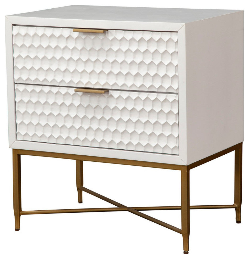 Benzara BM284300 Rexi 26" 2 Drawer Nightstand Honeycomb Wood, White, Gold