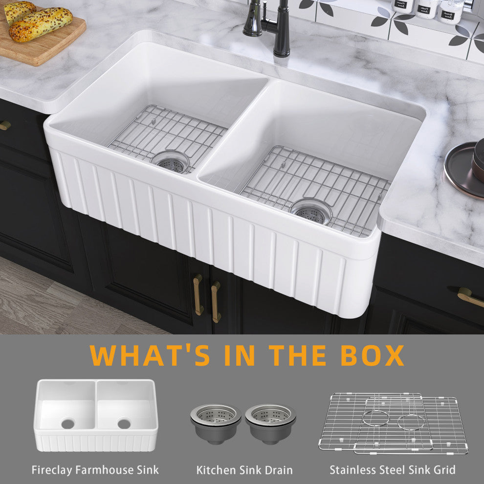 33"X18" Apron Front Double Bowl Fireclay Farmhouse Kitchen Sink with Accessories