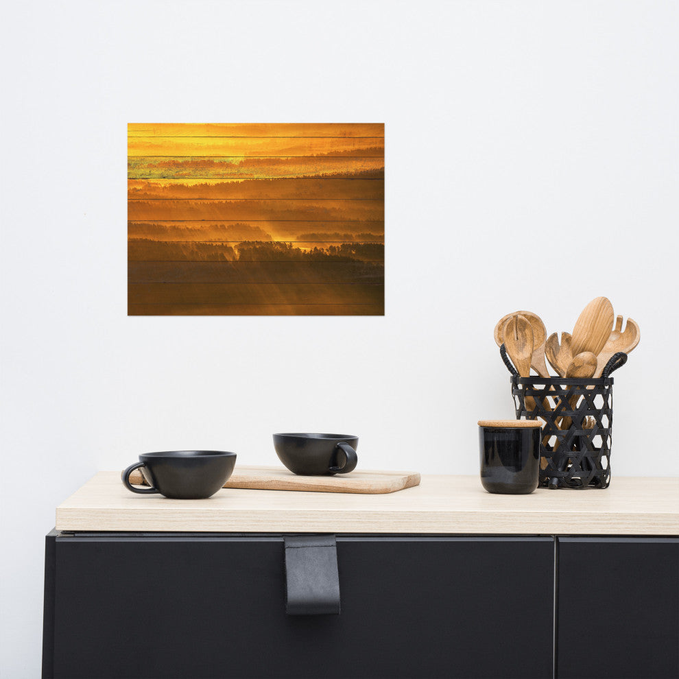 Faux Wood Golden Mist Valley - Hills & Mountain Range Wall Art Prints, 12" X 16"