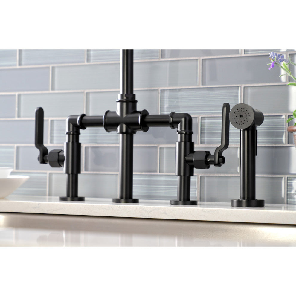 KS2330KL Industrial Style Bridge Kitchen Faucet With Brass Sprayer, Matte Black