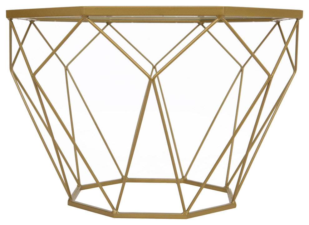 LeisureMod Malibu Modern Geometric Glass Top Coffee Table, Gold