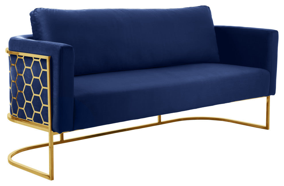 Casa Velvet Upholstered Sofa, Navy, Gold Finish