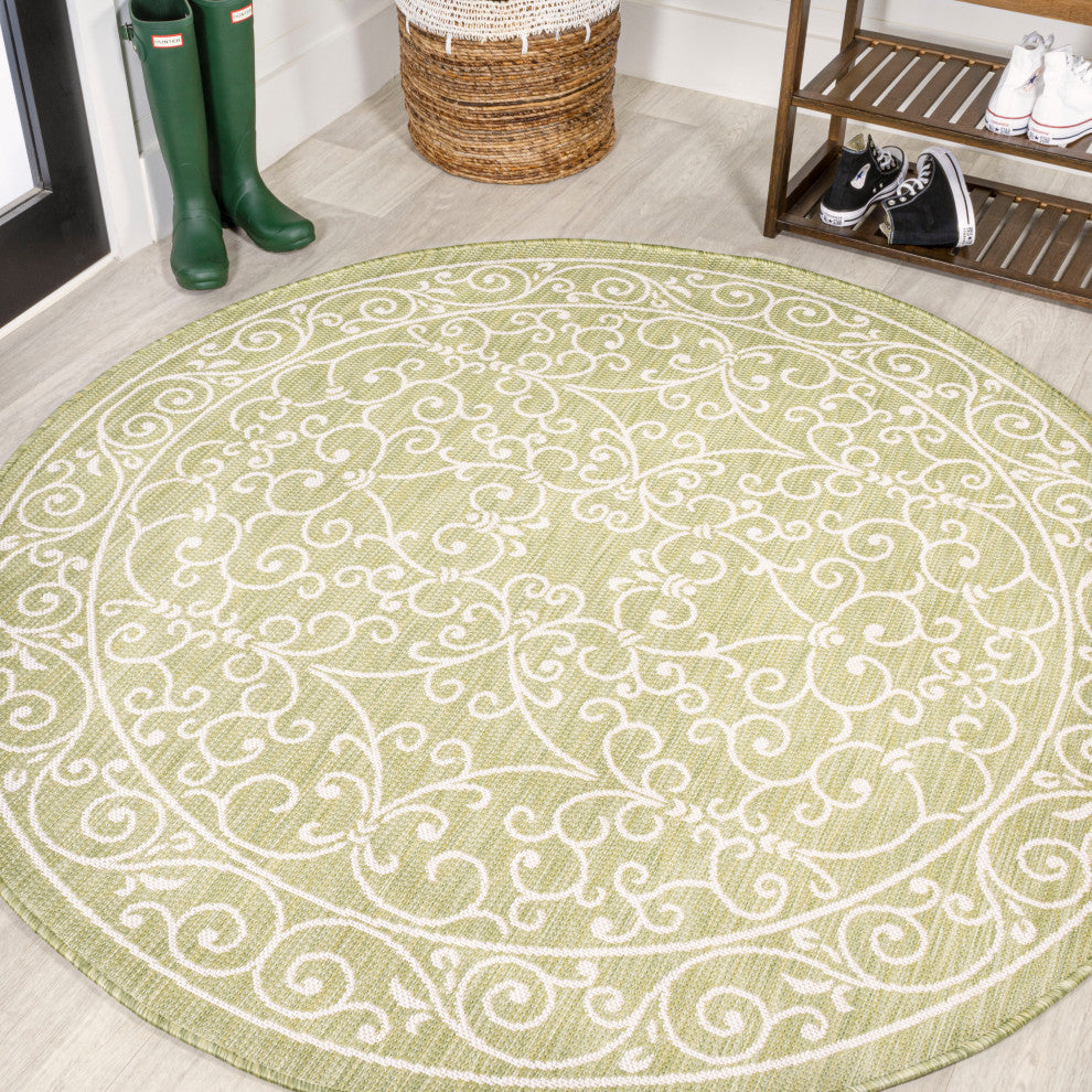 Charleston Filigree Textured Weave Indoor/Outdoor, Green/Cream, 5' Round