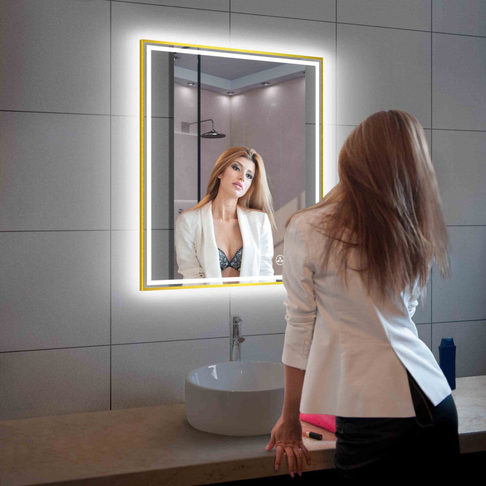 Fogless, Dimmable, Color Temperature Adjustable LED Mirror, Brush Gold, 30x36
