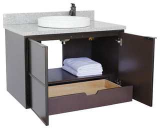 37" Single Wall Mount Vanity, Cappuccino Finish With Gray Granite Top