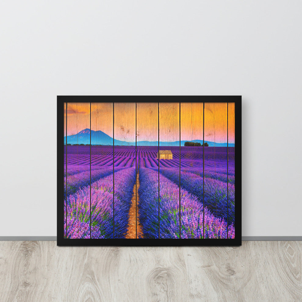 Faux Wood Lavender Fields and Sunset Landscape Framed Photo Paper Wall Art Print, Black, 16" X 20"