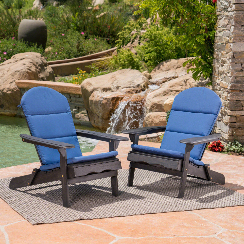 Outdoor Acacia Wood Folding Adirondack Chairs, Cushions, Set of 2, Dark Gray/Navy Blue