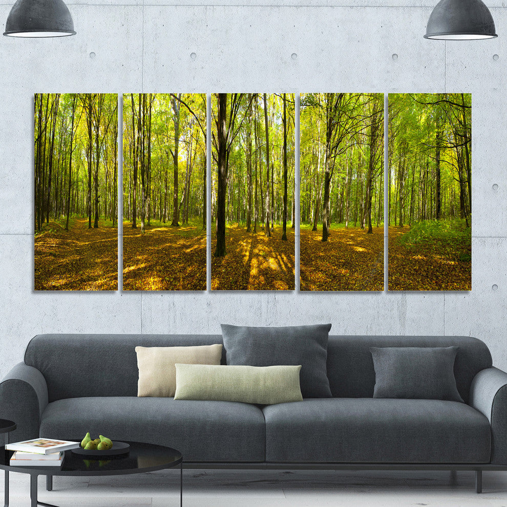 Green Autumn Forest Panorama, Landscape Canvas Art Print, 60"x28", 5 Panels