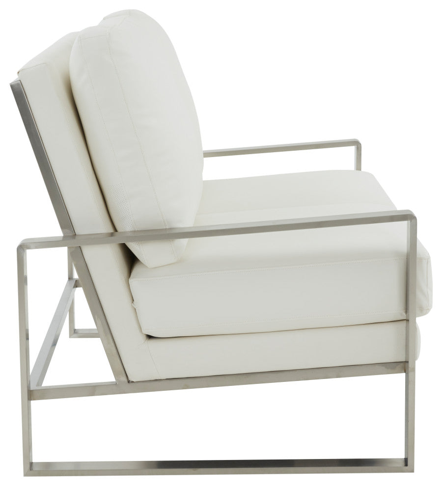 LeisureMod Jefferson Modern Faux Leather Loveseat With Silver Frame, White