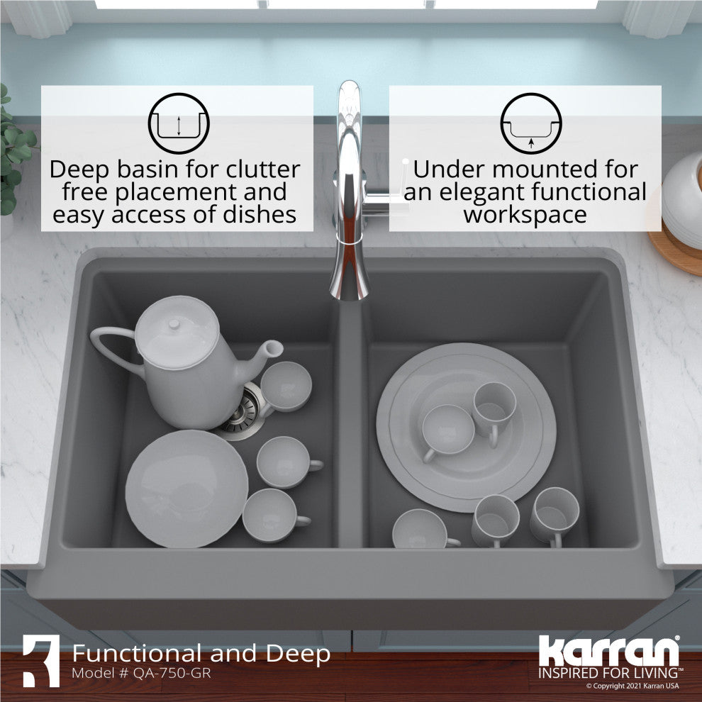 Karran Farmhouse Apron Front Quartz 34" Double Bowl Kitchen Sink, Grey
