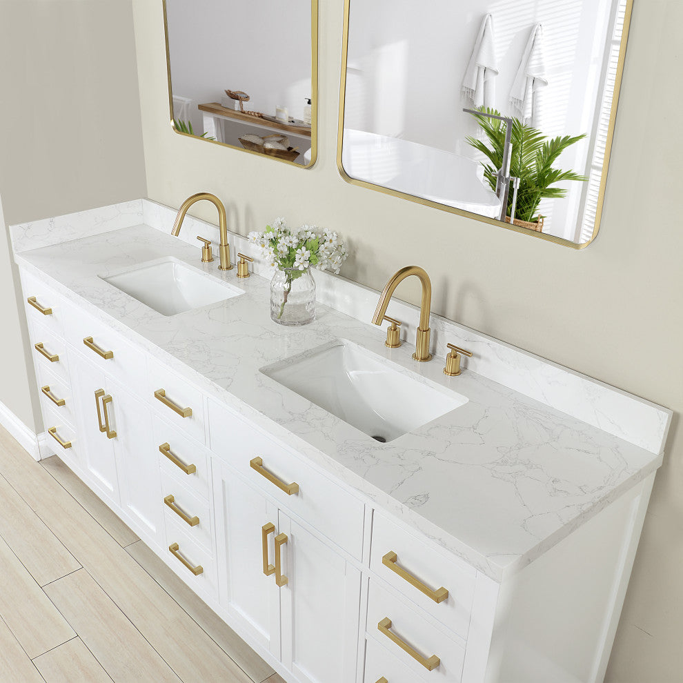 Gavino Vanity With Grain White Composite Stone Top, White/Brushed Gold, 84", With Mirror